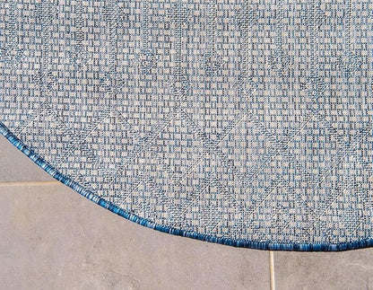 Unique Loom Outdoor Trellis Collection Area Rug - Tribal Trellis (3' 1" Round, Blue/ Ivory)