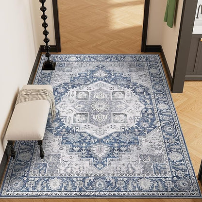 DUKINO 3x5 Rugs for Living Room, Soft Non-Slip Washable Area Rugs, Faux Wool Bedroom Rug with Non-Shedding, Indoor Low-Pile Boho Rugs for Dining Room, Home Office, Blue