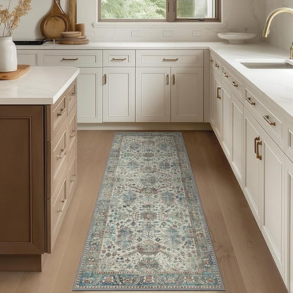 Bavni Bedroom Rug Runners for Hallways, Washable Runner Rug 2x10, Low Pile Non-Slip Indoor Throw Carpet for Bedroom Laundry Room, Blue/Ivory