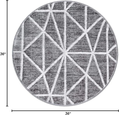 Rugs.com Lattice Trellis Collection Rug – 3 Ft Round Gray Low-Pile Rug Perfect for Kitchens, Dining Rooms