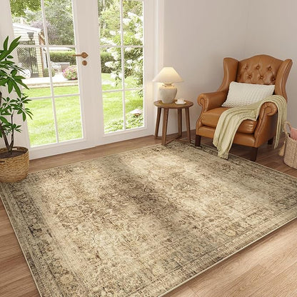 FMFUNCTEX 3x5 Washable Area Rug Brown Vintage Neutral Non Slip Low Pile Traditional Retro Indoor Carpet for Entryway Entrance Soft Floral Throw Rug Living Room Bedroom Kitchen Dining Office Laundry