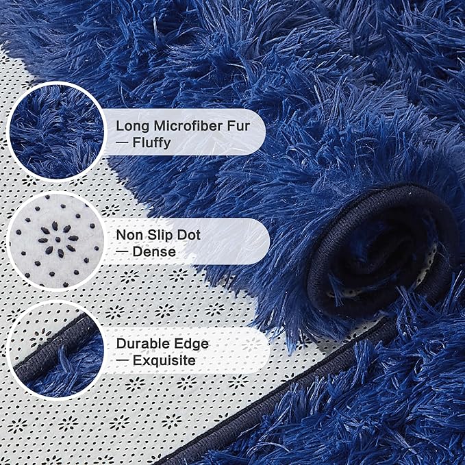 Andency Navy Soft Area Rugs for Living Room Bedroom, 3x5 Non-Slip Fluffy Shag Carpet, Indoor Floor Fuzzy Shaggy Living Room Plush Rug for Kids Dorm Nursery Home Decor Aesthetic