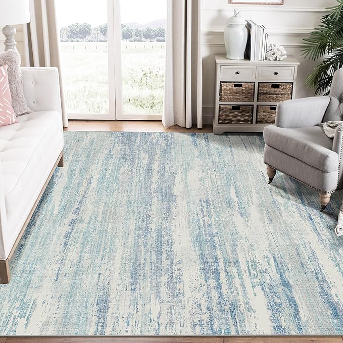 MUJOO 6x9 Area Rugs Washable,Modern Abstract Rugs for Living Room Bedroom Dining Room,Large Non Slip Throw Carpet Indoor,Low Pile Accent Neutral Blue