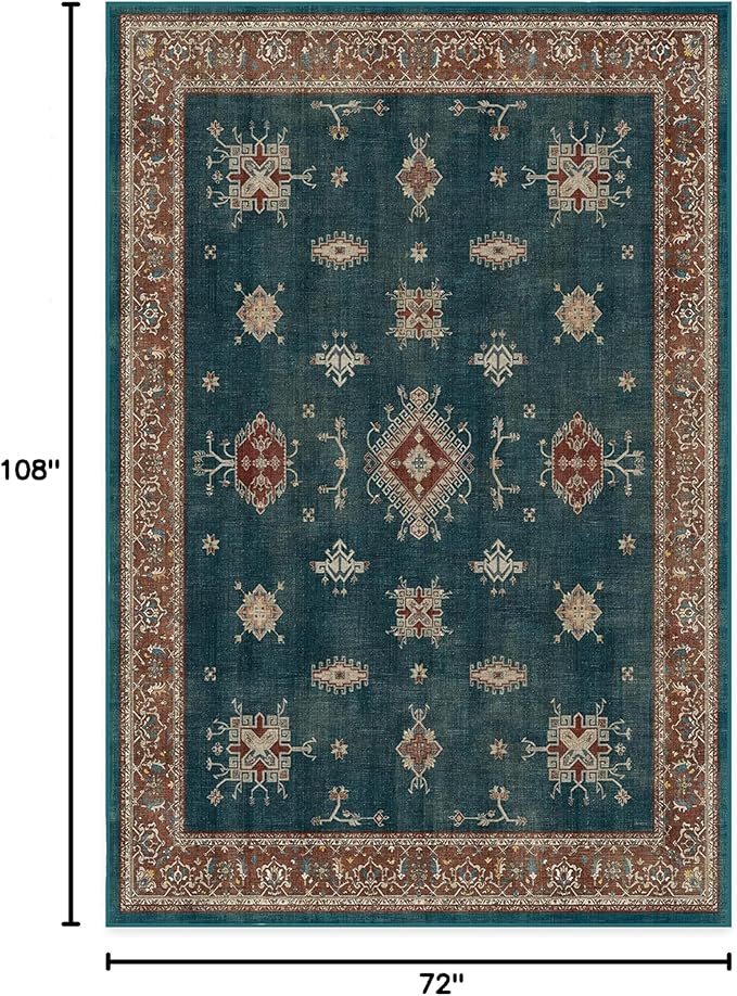 RUGGABLE Washable Vintage Area Rug – Verena Teal Blue 6x9, Stain-Resistant, Non-Slip – Medium Machine Washable Rugs for Living Room, Bedroom, Hallway, Entryway & Office–with Cushioned Pad