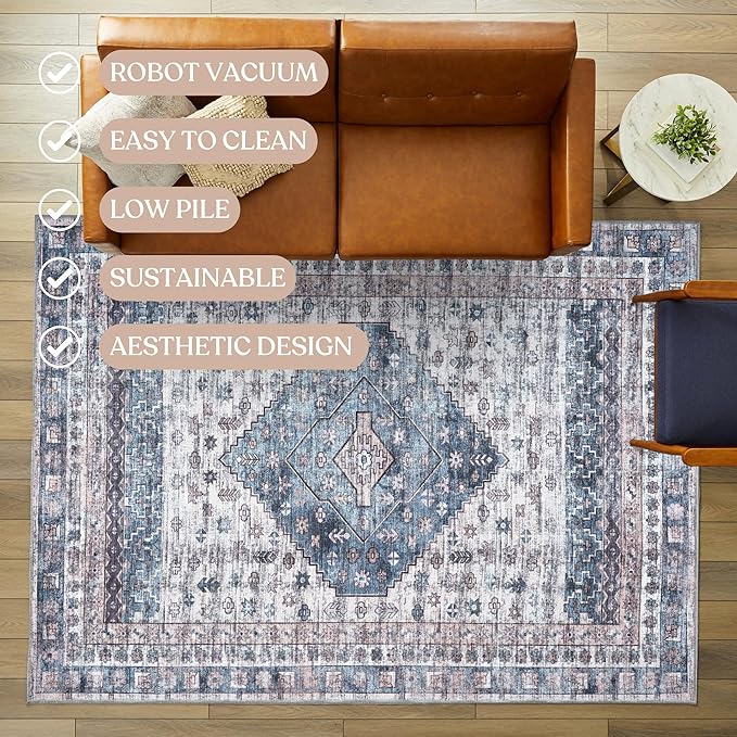 Washable Area Rug. Modern Farmhouse. Vintage. Turkish. Bohemian. Distressed. Oriental. Traditional. Rugs for Living Room. Dining. Bedroom. Office. Entryway. Foyer. (859NC, 9'5" x 14')