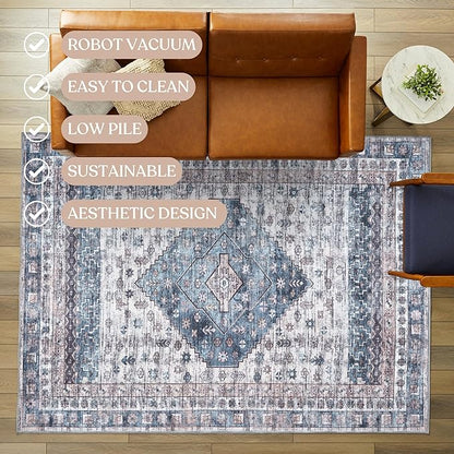 Washable Area Rug. Modern Farmhouse. Vintage. Turkish. Bohemian. Distressed. Oriental. Traditional. Rugs for Living Room. Dining. Bedroom. Office. Entryway. Foyer. (859NC, 9'5" x 14')