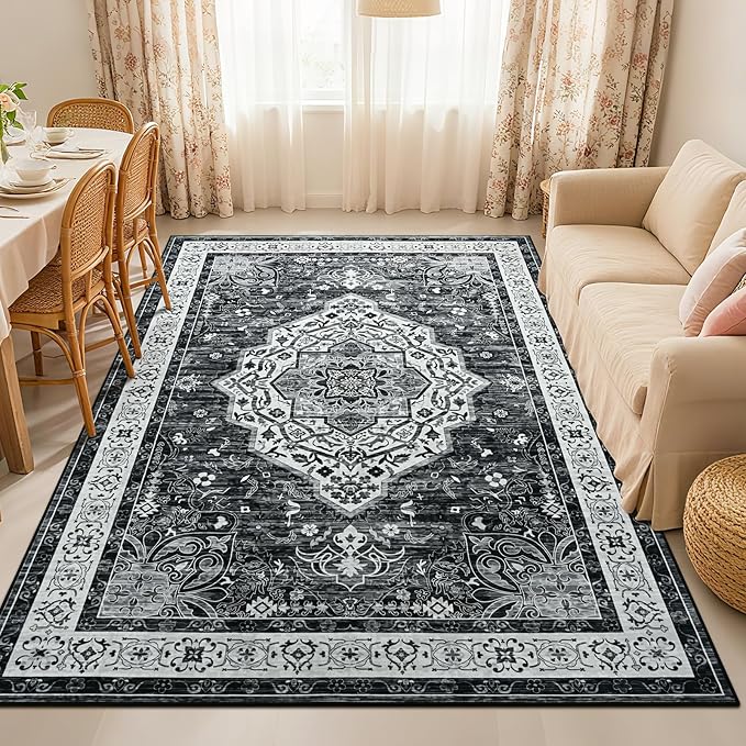 Black 4x6 Rug for Bedroom, Non Slip Washable Area Rugs for Living Room, Distressed Indoor Retro Accent Vintage Carpet for Kitchen, Office, Dining Room, Farmhouse, Kids Room