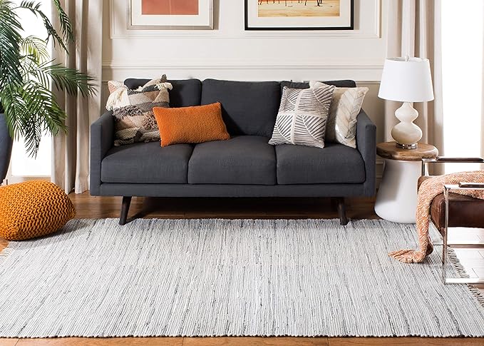 SAFAVIEH Rag Rug Collection Area Rug - 9' x 12', Grey, Handmade Boho Stripe Cotton, Ideal for High Traffic Areas in Living Room, Bedroom (RAR121A)
