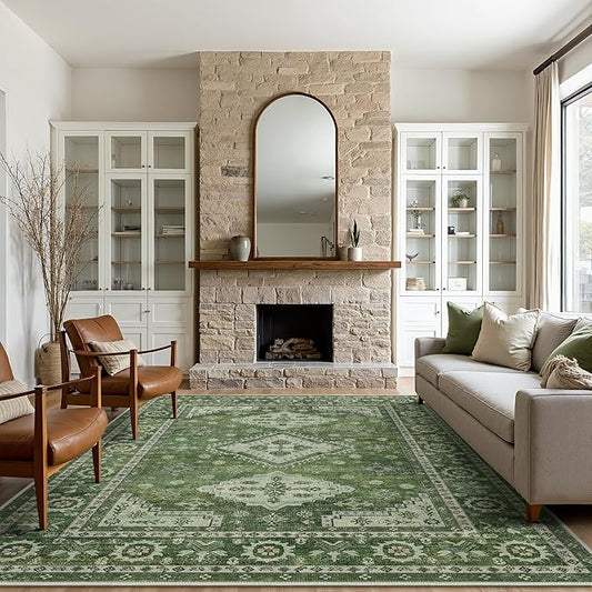 GENIMO Washable Rug 6X9 Area Rugs for Living Room Bedroom, Machine Washable Area Rug, Print Vintage Tribal Aesthetic Carpet, Low Pile Mat with Non Slip Rubber Backing, Distressed Green