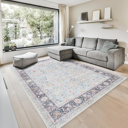 GLN Rugs Traditional Collection - Machine Washable Area Rug, Traditional Washable, Non Slip, Low Pile Chenille Rug, Living Room, Bedroom, Kitchen Rug (8' x 10' Light Blue)