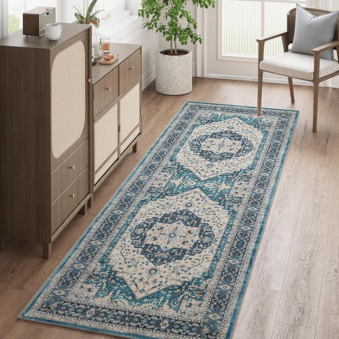 jinchan Runner Rug 2x5 Washable Kitchen Hallway Runner Soft Thin Vintage Low Pile Non Slip Distressed Carpet Floral Medallion Rug for Bathroom Bedroom Laundry Room Blue Multi