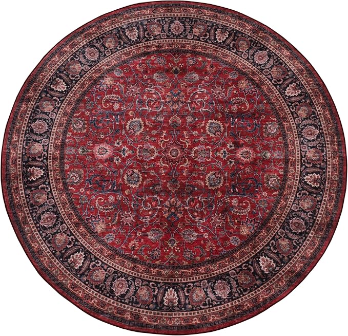 GLN Rugs Traditional Collection - Machine Washable Area Rug, Traditional Washable, Non Slip, Low Pile Chenille Rug, Living Room, Bedroom, Kitchen Rug (5'3" Round Dark Red)