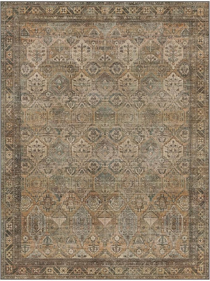 Bavni Washable Rug 8x10 Area Rug for Living Room Bedroom Dining, Washable Vintage Print Carpet, Ultra-Thin Chenille Low Pile Lightweight Rug with Non Slip Backing, Warm Taupe