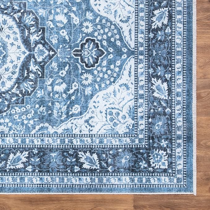 Bloom Rugs Caria Washable Non-Slip 4x6 Rug - Blue Traditional Area Rug for Living Room, Bedroom, Dining Room, and Kitchen - Exact Size: 4' x 6'
