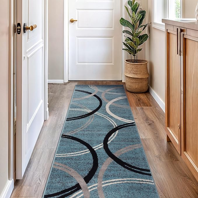 Rugshop Modern Wavy Circles Design Runner Rug, Non-Shedding Carpet for Hallway, Kitchen, or Foyer, Blue, 2'7" x 8'
