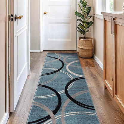 Rugshop Modern Wavy Circles Design Runner Rug, Carpet with Jute Backing for Hallway, Entryway, or Kitchen, Blue, 2'7" x 10'