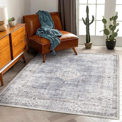 Washable Area Rug 3'x5' Vintage Traditional Floor Cover Foldable Thin Rugs Retro Kitchen Indoor Distressed Non Slip Carpet Floral Print Mat Bedroom Living Room