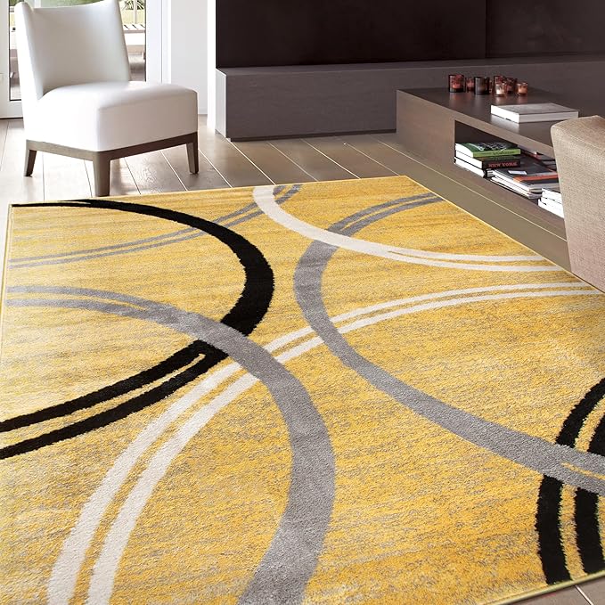 Rugshop Wavy Circles Design Area Rug, Fade-Resistant Carpet for Living Room, Bedroom, or Dining Room, Grand Room,Open Spaces Yellow, 8'8" x 12'