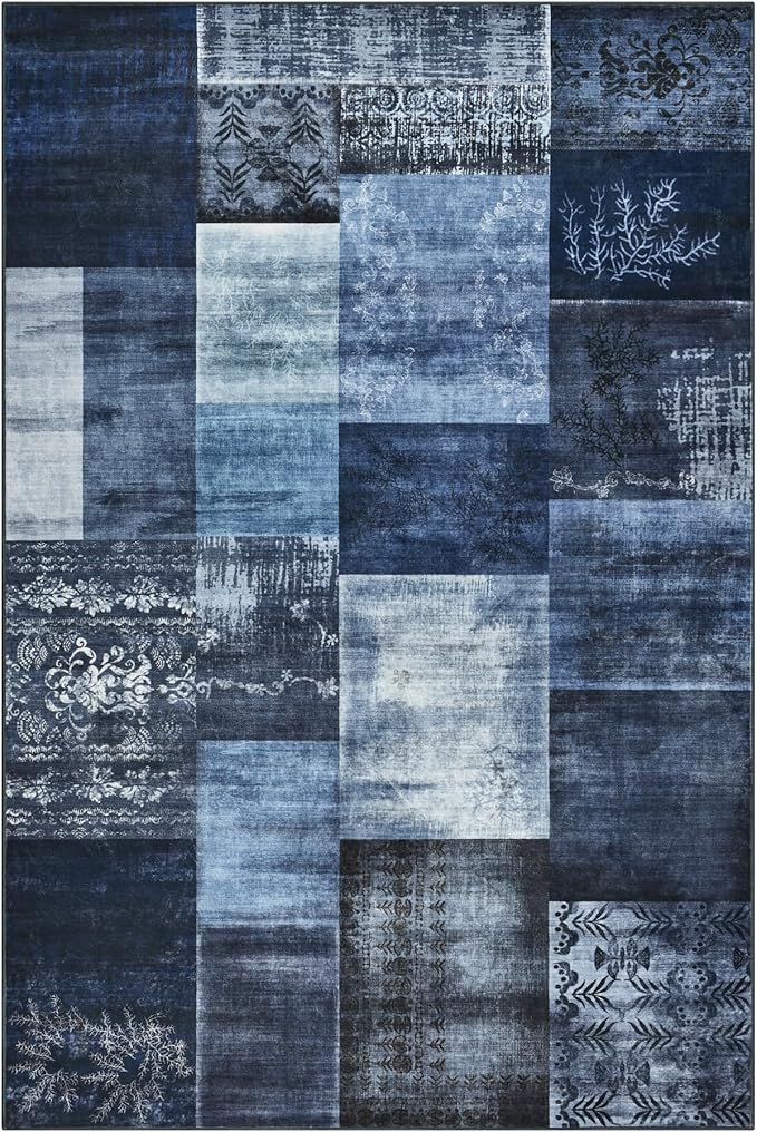 Tepook Modern Area Rug for Living Room, 5x7 Geometric Large Rugs for Bedroom, Washable Patchwork Rug Indoor Non-Slip Throw Carpets for Dining Room Office Farmhouse Home Decor, Blue