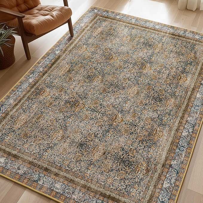 Phantoscope Washable Area Rug 4'x6' Non-Slip, Vintage Neutral Rugs for Living Room, Bedroom, Dining Room, Distressed Boho Floral Medallion Pattern, Low-Pile Foldable Carpet, Brown/Charcoal Spice