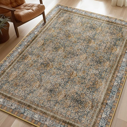 Phantoscope Washable Area Rug 4'x6' Non-Slip, Vintage Neutral Rugs for Living Room, Bedroom, Dining Room, Distressed Boho Floral Medallion Pattern, Low-Pile Foldable Carpet, Brown/Charcoal Spice
