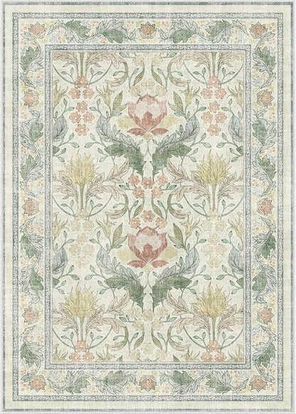 Bavni 8x10 Area Rugs for Living Room, Microfiber Machine Washable Non-Slip Vintage Floral Rug, Low Pile Lightweight Carpet for Bedroom, Dining Room, Home Office, Beige&Green