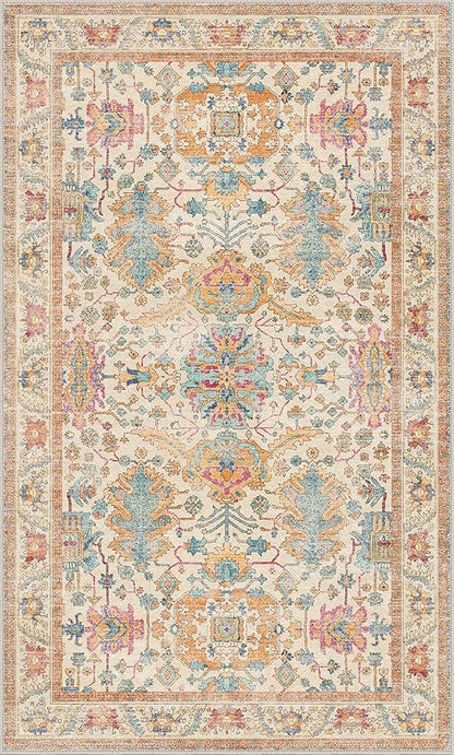 Bavni Area Rug 3x5, Non-Slip Washable Rugs for Living Room Office, Boho Distressed Printed Rug, Low Pile Foldable Decorative Carpet for Bedroom Kitchen Office, Turmeric