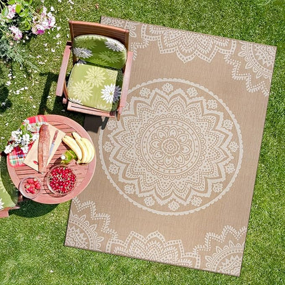 CAMILSON Outdoor Rug 10x14 Modern Area Rugs for Large Indoor and Outdoor Patios and Porches - Washable, Non-Shedding, Easy-to-Clean Outside Carpet (10 x 14, Medallion - Beige/White)