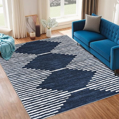 HelloTree Area Rug for Living Room 6x9 Washable Geometric Moroccan Rug Stripe Farmhouse Bohemian Minimalistic Non Slip Non Shedding Ultra Thin Soft Rug for Bedroom Office DiningRoom Nursery-Blue