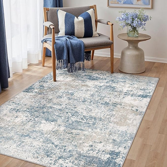 Blue 3x5 Area Rug Washable Abstract Office Carpet Modern Neutral Non Slip Indoor Entry Soft Low Pile Contemporary Aesthetic Door Mat Bedroom Throw Rug for Kitchen Laundry Dining Room