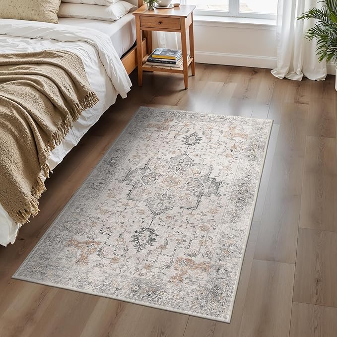 3x5 Area Rugs for Living Room, Machine Washable Non Slip Vintage Rugs, Low Pile Lightweight Print Rug for Bedroom, Dining Room, Home Office, Light Taupe Brown