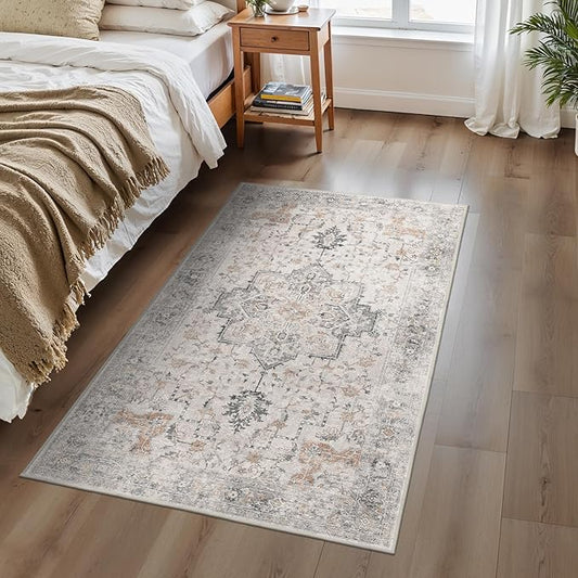 3x5 Area Rugs for Living Room, Machine Washable Non Slip Vintage Rugs, Low Pile Lightweight Print Rug for Bedroom, Dining Room, Home Office, Light Taupe Brown