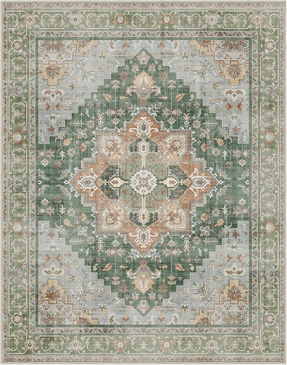 GENIMO 8x10 Area Rugs for Living Room, Machine Washable Non Slip Vintage Rugs, Low Pile Lightweight Chenille Print Rug for Bedroom, Dining Room, Home Office, Sage Green