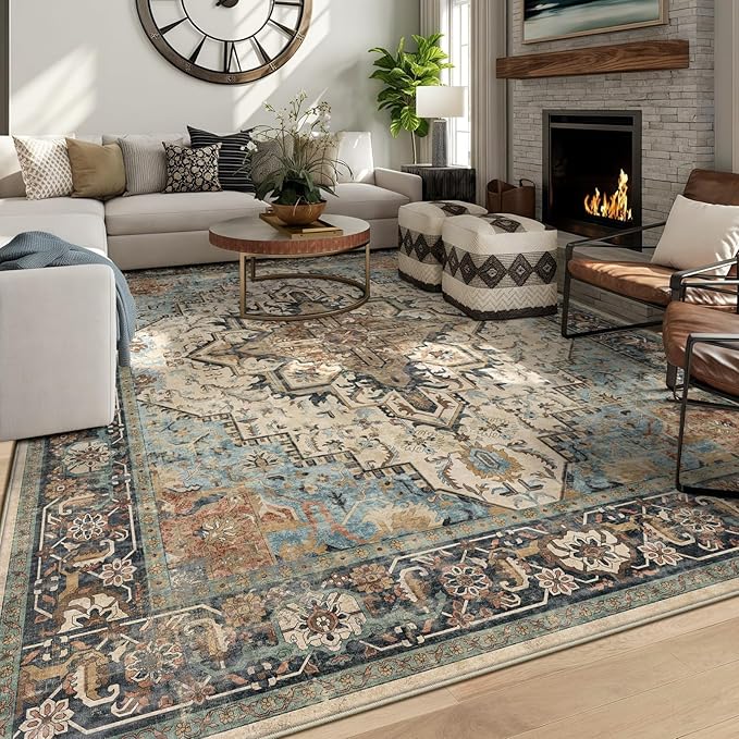 6x9 Machine Washable Area Rug for Living Room, Blue Beige Boho Vintage Floral Rug Large Non-Slip Low Pile Soft Faux Wool Carpet, Kids and Pets Friendly for Bedroom Dining Room Farmhouse Decor Rug
