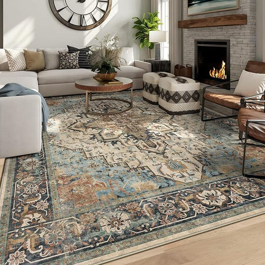 6x9 Machine Washable Area Rug for Living Room, Blue Beige Boho Vintage Floral Rug Large Non-Slip Low Pile Soft Faux Wool Carpet, Kids and Pets Friendly for Bedroom Dining Room Farmhouse Decor Rug