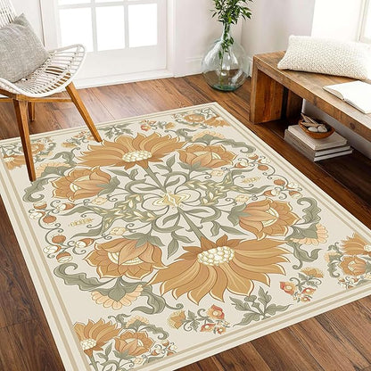 Abstract Sunflower Area Rugs, 5x7ft, Traditional Rustic Vintage Tropical Floral Theme Beige Farmhouse Boho Carpet, Shaggy Low Pile Fade Resistant Home Goods Rug for Living Room Kitchen
