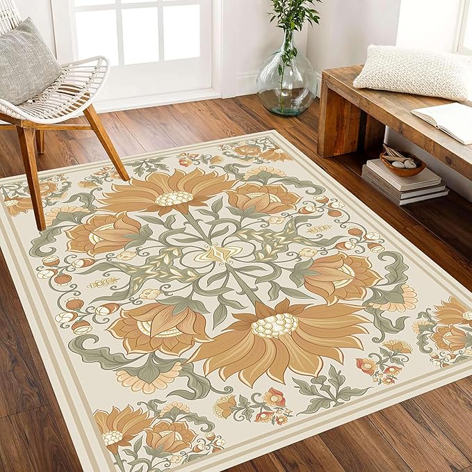 Abstract Sunflower Area Rugs, 5x6ft, Traditional Rustic Vintage Tropical Floral Theme Beige Farmhouse Boho Carpet, Shaggy Low Pile Fade Resistant Home Goods Rug for Living Room Kitchen