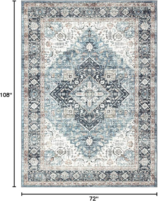 Area Rug 6×9, Large Vintage Boho Rug,Ultra-Soft Low Pile, Washable, Non Slip,Stain Resistant, Printed Carpet for Living Room Bedrooms Playroom Office Kitchen, Blue/Navy