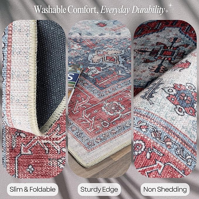 Fame Rugs Turkish Rug. Washable Vintage Oriental Antique Inspired Traditional Doormat Small Modern Area Rugs Luxury Entryway Entry Bedroom Bathroom Kitchen (402RN, 2'5 x 9'8)