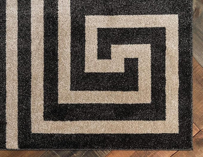 Unique Loom Athens Collection Classic Geometric Modern Border Design Area Rug (8' 0 x 8' 0 Square, Black/ Beige)