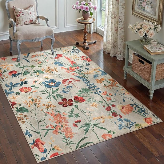 Beige Area Rug 3x5 Office Floral Boho Door Mat Indoor Washable Kitchen Carpet Non Slip Bedroom Low Pile Lightweight Soft Throw Rug for Living Dining Room Bathroom