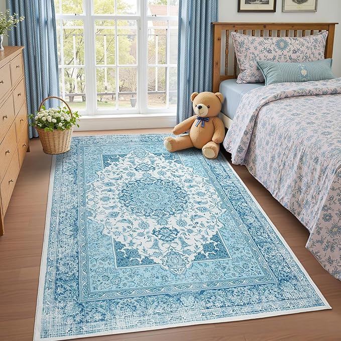 3x5 Area Rug for Bedroom, Machine Washable Rugs with Non-Slip Backing for Living Room, Soft Vintage Carpet Kitchen Laundry Kids Room Decor, Celestial Blue