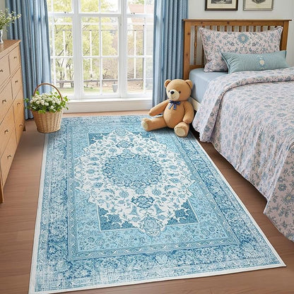 4x6 Area Rug for Bedroom, Machine Washable Rugs with Non-Slip Backing for Living Room, Soft Vintage Carpet Kitchen Laundry Kids Room Decor, Celestial Blue