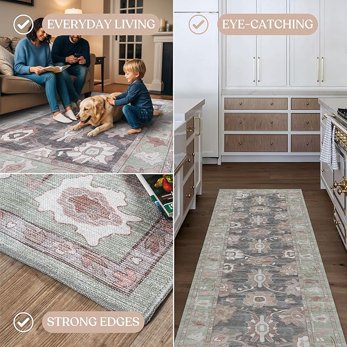Fame Living Green Oushak Rug, Modern, Vintage, Turkish, Eclectic, Floral, Pastel, Washable, Area Rugs for Living Room, Dining, Bedroom, Office, Entryway, Foyer, Playroom, Nursery, 5'x6'9"
