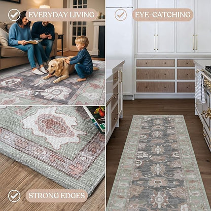 Fame Living Green Oushak Rug, Modern Rugs, Vintage, Turkish, Eclectic, Floral, Pastel, Washable, Small Throw, Accent Area Rug for Living Room, Bedroom, Kitchen, Bathroom, 2'5"x4'9"