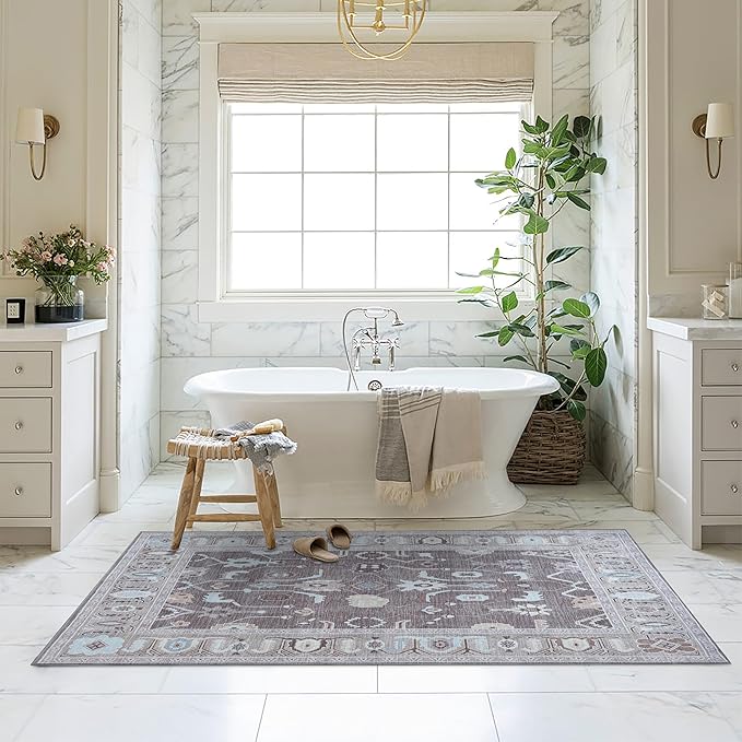 Fame Living Faded Oushak Rug, Turkish Vintage Floral Pastel Large Oversized Area Rugs for Living Room Dining Bedroom Kitchen Bathroom Nursery (854BB, 5' x 6'9")