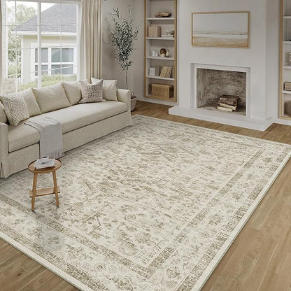 Taupe 8x10 Area Rug Vintage Washable Living Room Carpet Non Slip Bedroom Indoor Office Low Pile Large Traditional Distressed Retro Accent Rug for Dining Room Bathroom Kitchen