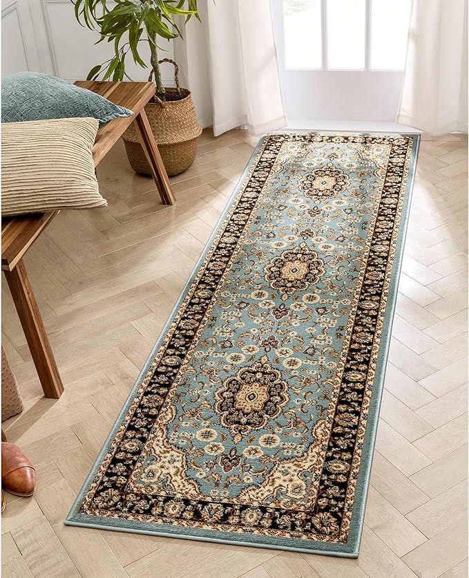 Well Woven Barclay Collection Medallion Kashan Light Blue 3x10 Runner Rug - for Hallways, Kitchens, and Entryways