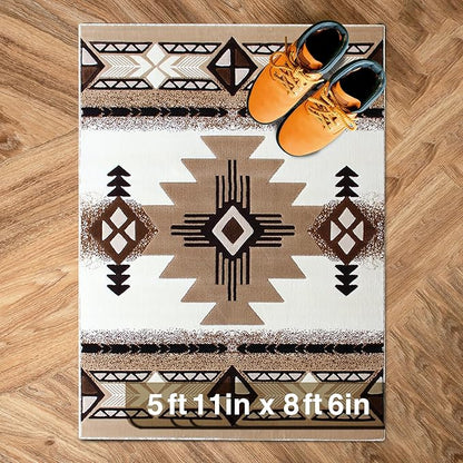 YHSF South West Native American Area Rug C318 - Easy Clean, Thick, Soft, Durable Native Tribal American Indian Inspired Rug for Bedroom/Living Room and More - Ivory, 5 ft 11 in x 8 ft 6 in