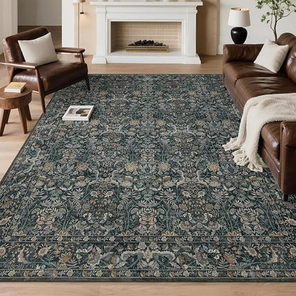 Washable Living Room Rug: 5x7 Boho Floral Soft Area Rug for Bedroom Decor - Vintage Low Pile Thin Carpet for Dining Room Non-Slip - Farmhouse Stain Resistant Rugs - Dark Green